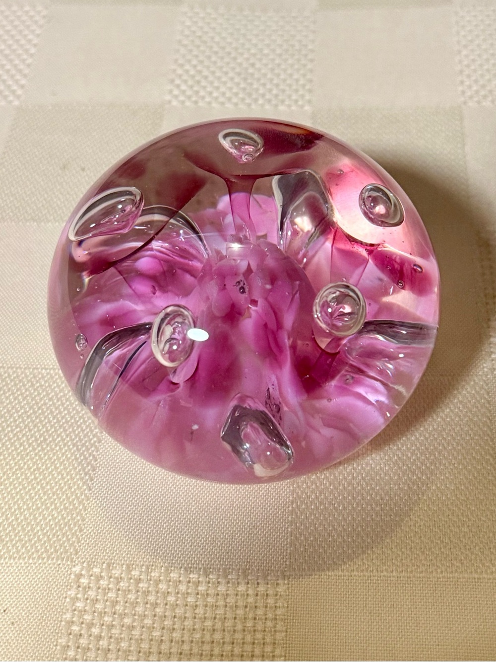 2000 Prestige Art Glass Paperweight Pink Stem Controlled Bubbles 3"